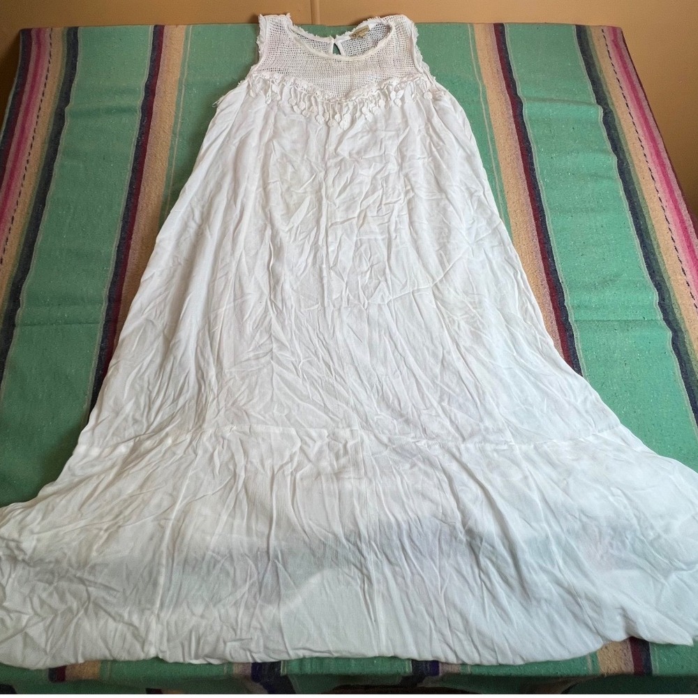Y2k Maxi Dress Womens Large White Crochet Mesh Boho Tassel Sleeveless